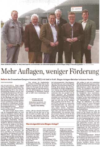 Reform des Erneuerbare-Energien-Gesetzes (EEG) tritt bald in Kraft. Biogas-Anlagen-Betreiber kritisieren Novelle" Bericht im Hamburger Abendblatt vom 24.04.2014 (1,4 MB)